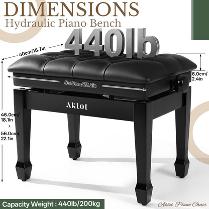 AKLOT Hydraulic Piano Bench, Keyboard Bench with Padded Cushion, Ajustbale Heavy Duty Piano Seat with High-Density Sponge, Piano Stool 23.22"X 15.75" Solid Wooden Piano Chair for Pianist（Black