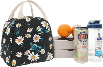 EurCross Women's Lunch Bags for Work, Chic Floral Daisy Pattern Canvas Insulated Black Lunch Tote Bag Carrier