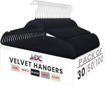 LDC Black Velvet Hangers - Premium Non-Slip Felt Clothes Hangers | 30 Pack with 360° Swivel Hook - Black