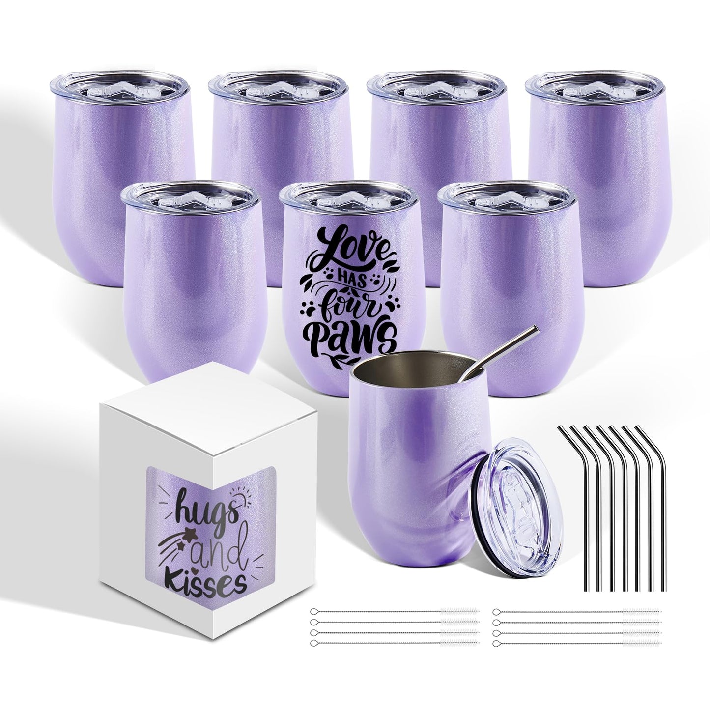 BetterSub 8 Pack 12oz Glitter Purple Wine Tumblers - Double Wall Insulated Sublimation Blanks, Stainless Steel Cups With Lid, Glitte,Metal Straw, Brush, Display Box (Glitter Purple)