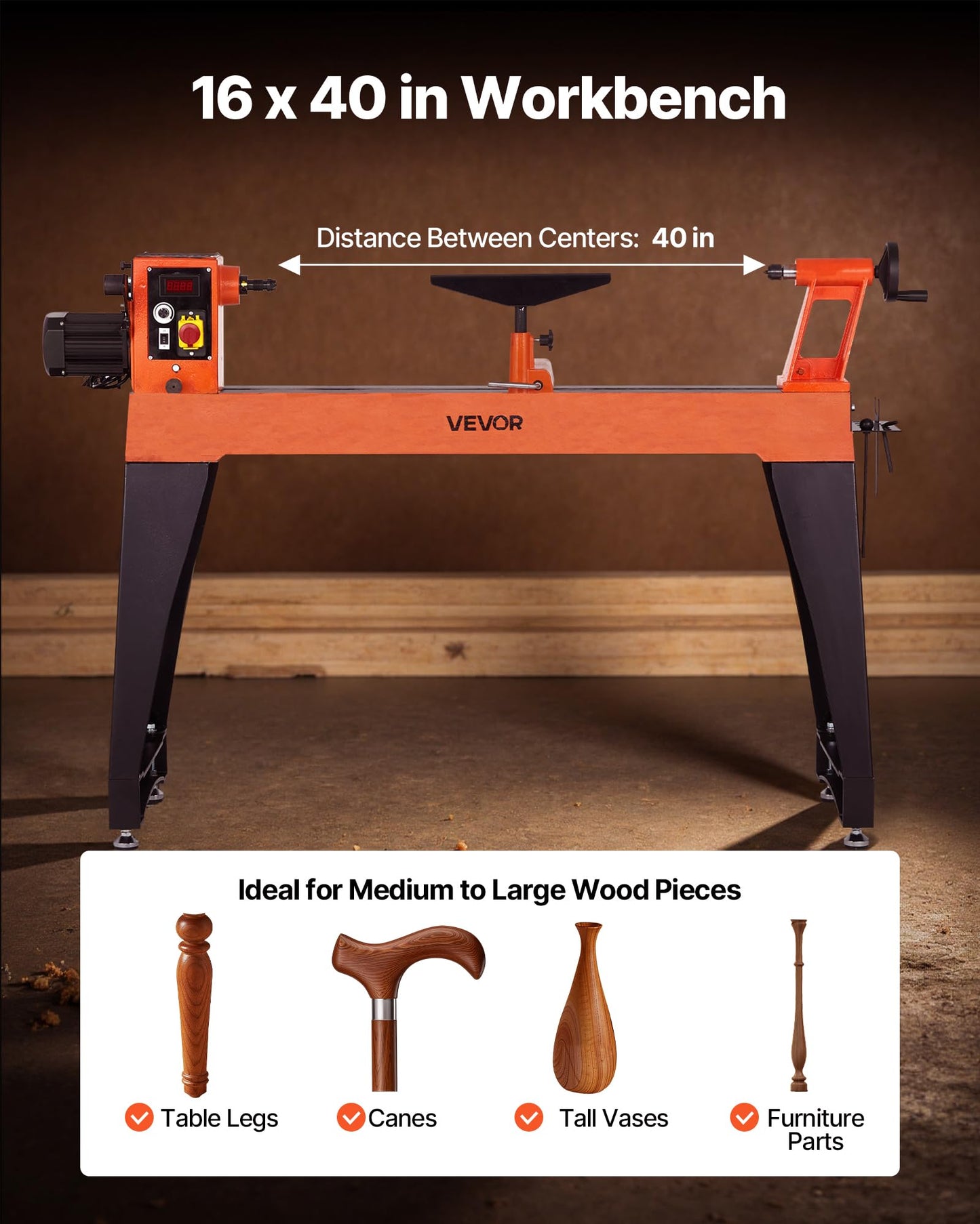 VEVOR 1.5 HP Wood Lathe, 16 x 40 in Wood Lathe Machine with 150 to 3200 RPM Variable Speed Brushless DC Motor Cast Iron Body Tool Rest for Medium to Large Projects Woodworking