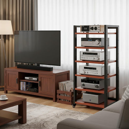 XEOKXOIT 6 Tier AV Media Stand, 47in Audio Rack Tower Stereo Components Cabinet, Home Theatre CD Record Player Stereo Receiver Equipment Rack with Adjustable Wood Shelves, Load 400lbs (Teak Brown)