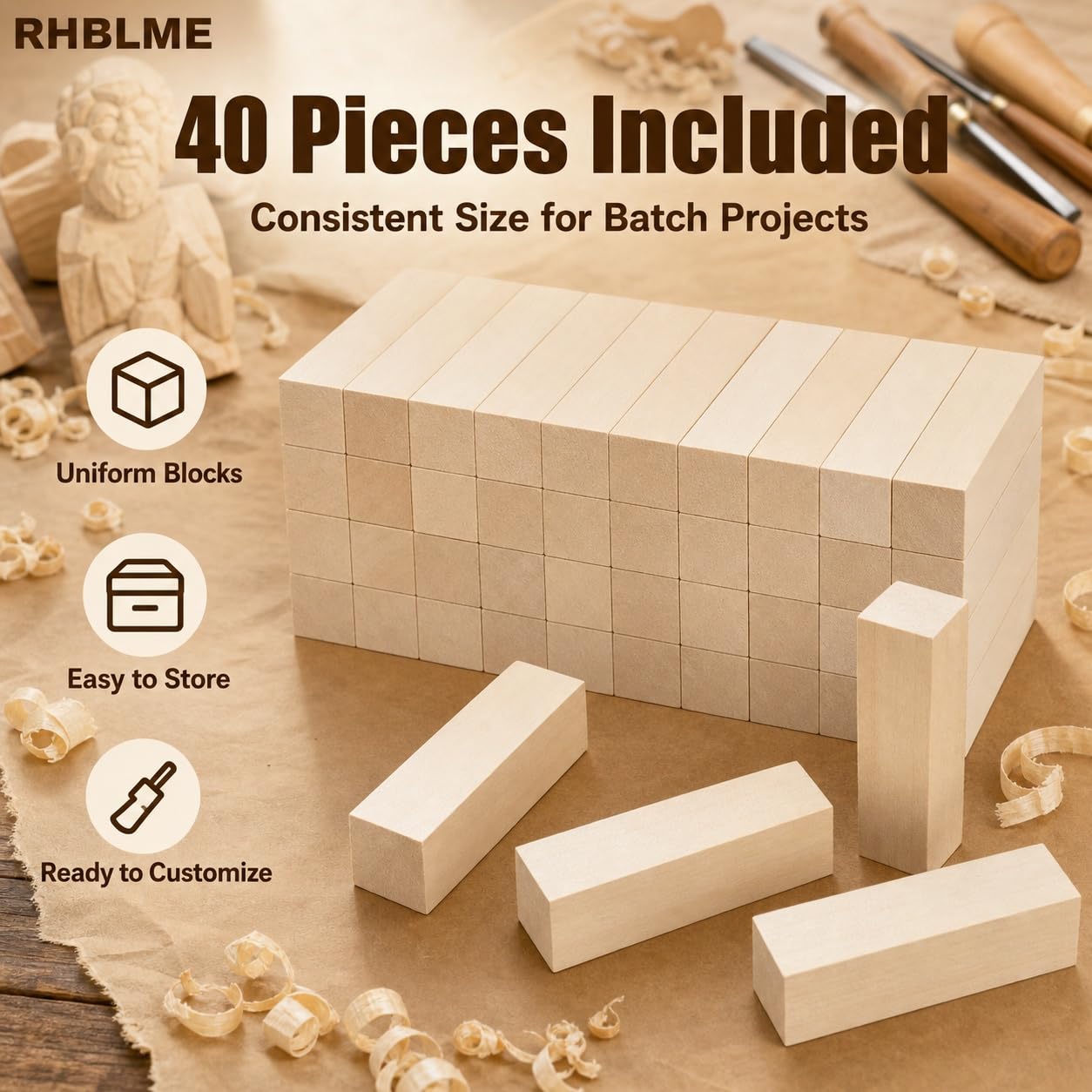RHBLME 40 PCS Basswood Carving Blocks, 4" x 1" x 1" Unfinished Wood Blocks for Carving, Wooden Cubes Soft Solid Wooden Basswood for Wood Carving Beginners or Expert Carvers and Whittling