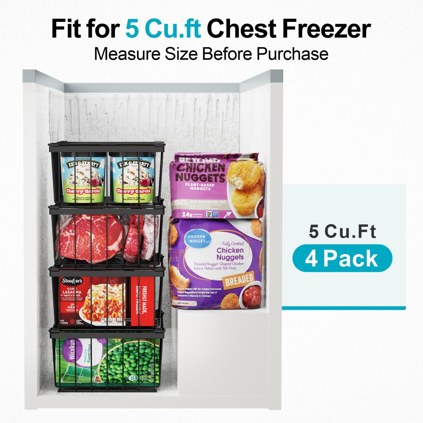 iSPECLE Freezer Organizer Bins - 4 Pack Stackable Deep Freezer Organizer Bins for 5 Cu.Ft Chest Freezer Sort Frozen Food, Heavy Duty Metal Storage Bins with Handles, Easy Access without Digging