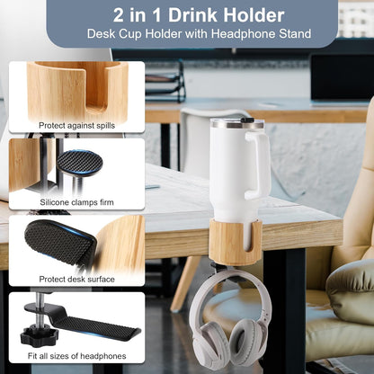 Nnewvante Desk Cup Holder, 2 in 1 360° Rotating Headphone Hanger and Anti-Spill Cup Holder for Gaming Desk