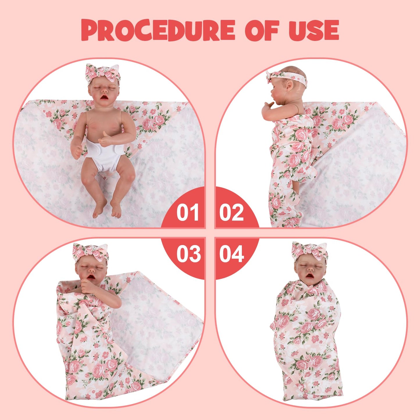 Aori Reborn Baby Doll Accessories Clothes Newborn Receiving Blanket with Headband and Hat Set Baby Swaddle Floral 3-Piece Swaddle Nursery Swaddle Wrap for 17-20 inch Reborn Doll