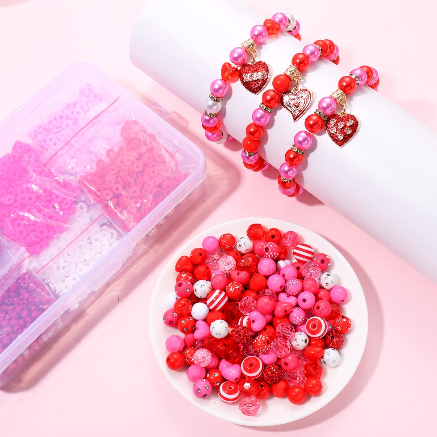2300PCS+ Valentine’s Day Beads for Jewelry Making, Red Polymer Clay Beads Assorted Rhinestone Crystal Acrylic Beads Spacer Bead Heart Charms for Bracelet Necklace Making DIY Crafts (2300PCS A)