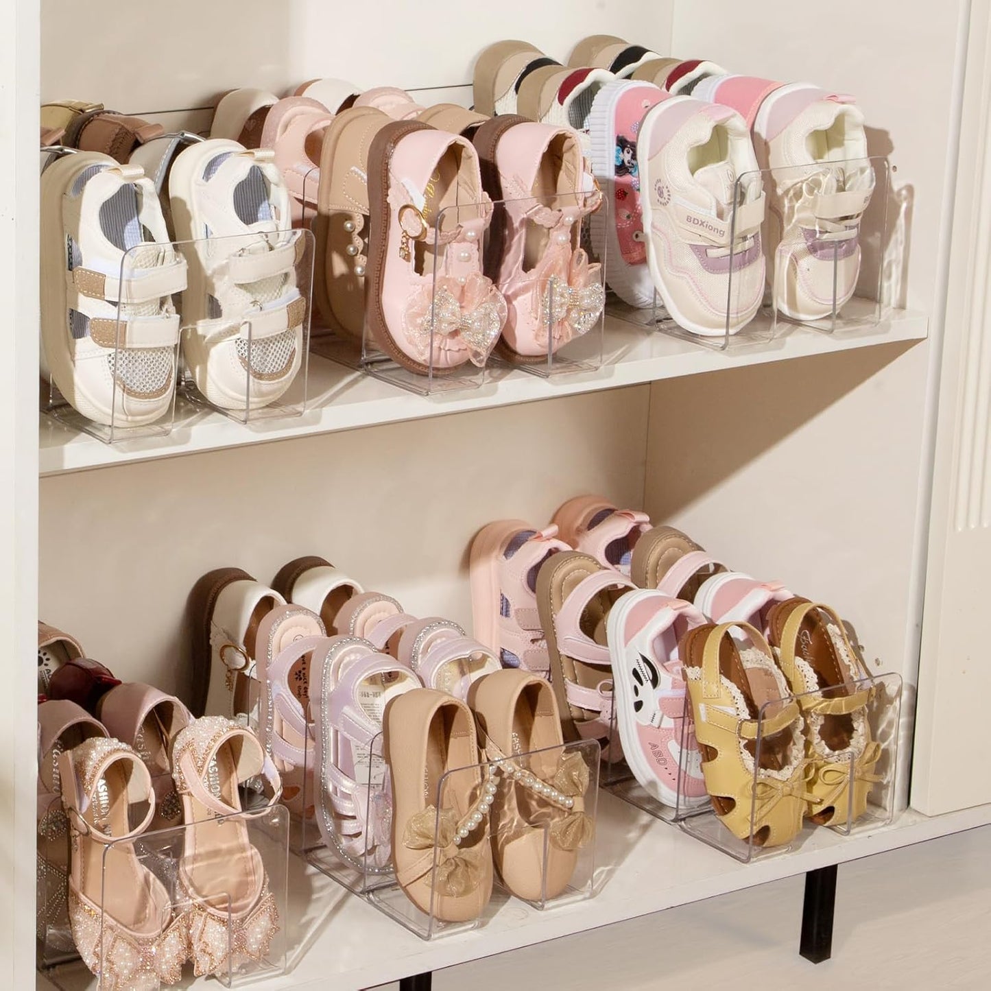 2PACK Closet 4 Clear Acrylic Kids Shoe Rack for Organizers and Storage, Small Clear Shoe Rack Sections Toddler Baby