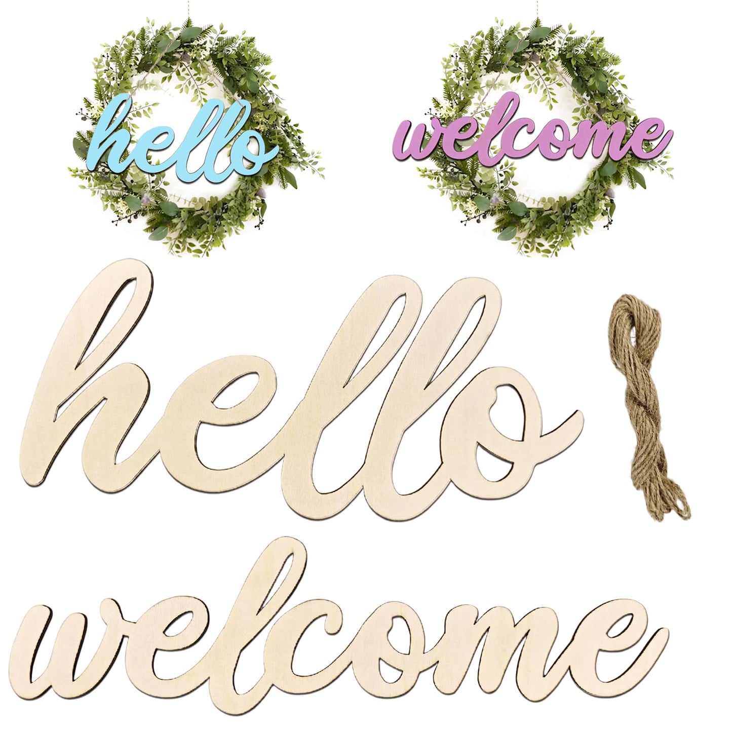 WOODOUNAI 10 Pcs Unfinished Wooden Hello & Welcome Sign Wooden Cutout Letter Hello Welcome Sign for Wreath DIY Art Blank Decorative Word Signs for Door Wall Christmas Trees Home Decor (Wood)
