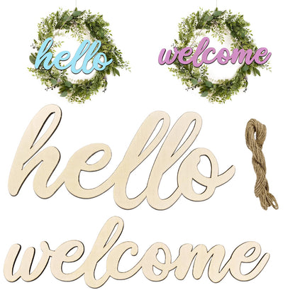 WOODOUNAI 10 Pcs Unfinished Wooden Hello & Welcome Sign Wooden Cutout Letter Hello Welcome Sign for Wreath DIY Art Blank Decorative Word Signs for Door Wall Christmas Trees Home Decor (Wood)