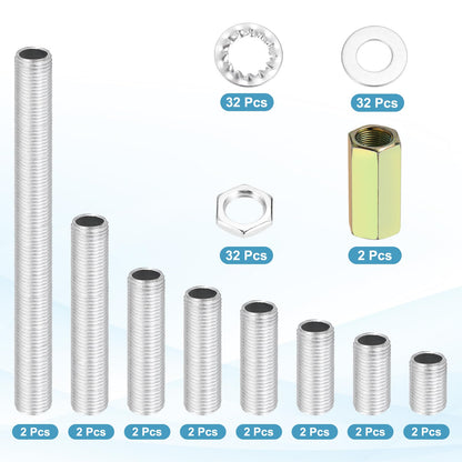 MECCANIXITY 114 Pcs 8 Size Lamp Pipe Nipples Kit with Hex Nuts Washers, M10 Fine Threaded Hollow Tube Repair Hardware Fasteners Assortment for Assembly Chandelier Ceiling Lamp DIY, Silver
