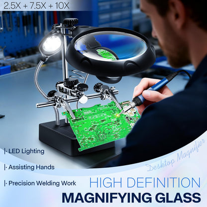 Helping Hands Magnifier Soldering Station with LED Light,LXIANGN 2.5X 7.5X 10X Desktop Magnifying Glass with Stand with Auxiliary Clamp for Miniature Painting,Model,Repair,Crafts,Hobby
