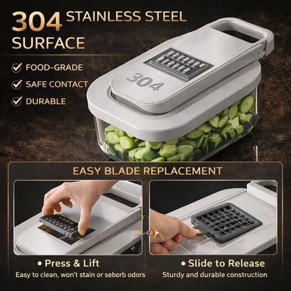 Skiennix All-in-One Food Chopper - 9-in-1 Vegetable Slicer with Interchangeable Blades & BPA-Free Container