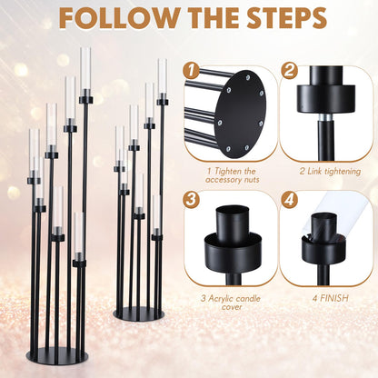 Tiangrid 2 Pcs Acrylic Candelabra Centerpieces 48 Clear Candle Holder 7 Arm Black Pillar Taper Candlesticks with Acrylic Shade Circular Base for Wedding Party Table Decoration Fit 1.18 LED Candle