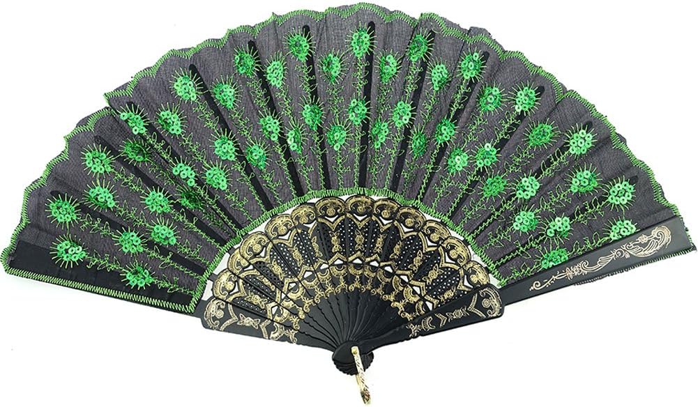 INNOLIFE Elegant Colorful Embroidered Flower Peacock Pattern Hand Fan - Hand-Crafted Folding Fabric, Full Set of 6pcs