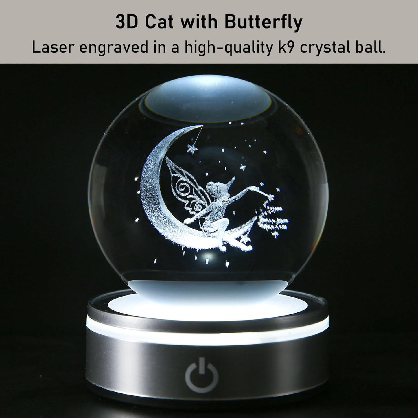 3D Crystal Ball Moon Decor Light - Laser Engraved Glass Sphere Fairy Gift for Women & Girls | 80mm