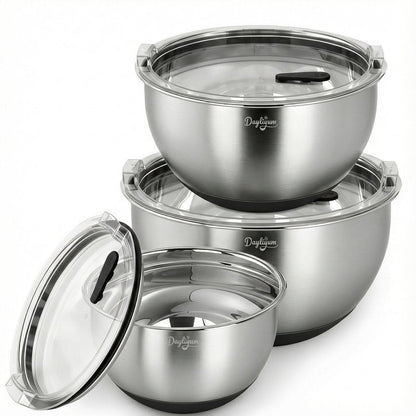 Mixing Bowls with Airtight Lids, Stainless Steel Nesting Bowl Set with Clear Lids & Valve, 3 Essential Sizes (1.5/3/5 QT), Measurement Marks, Non-Slip Silicone Base, Food Prep & Fridge Storage, Black