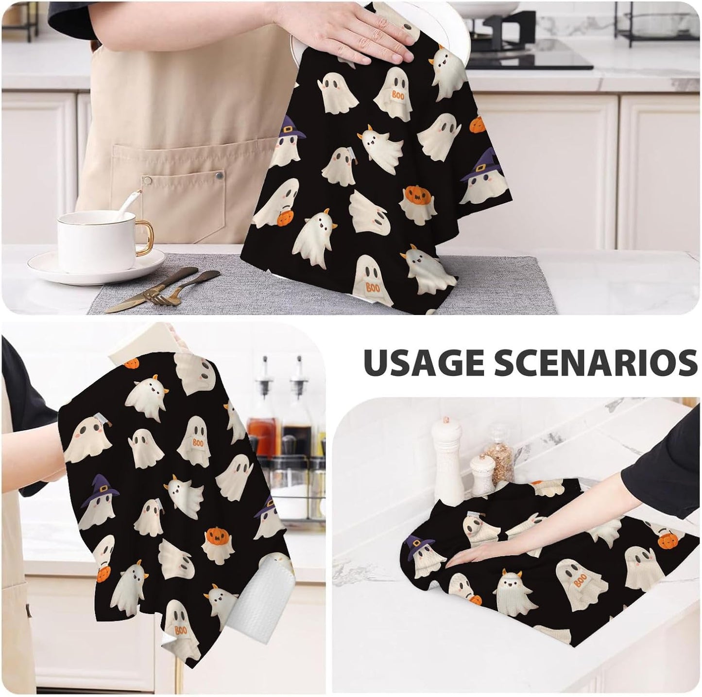 16x24 Inch Set 2 Halloween Kitchen Towels Black Cute Ghost Pumpkin Fall Decor Dish Towels Autumn Harvest Thanksgiving