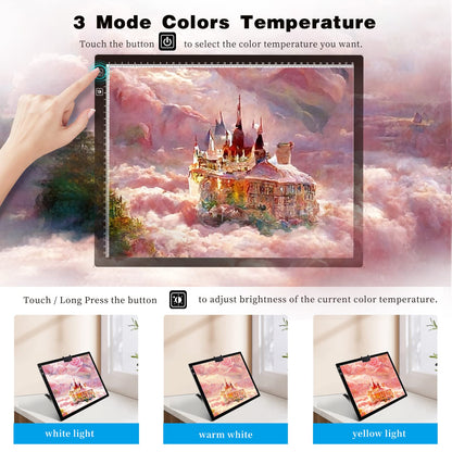 A3 Tracing Light Box, iVAOOZE A3 LED Light Pad with 3 Colors Mode Stepless Dimmable and 6 Levels of Brightness Light Copy Pad, Wireless Rechargeable Led Light Board for Diamond Painting Sketching