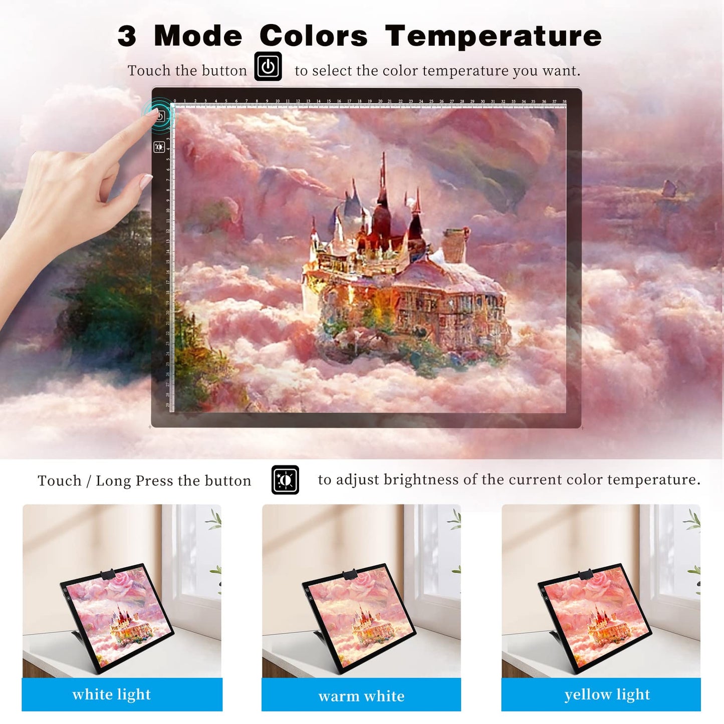 A3 Tracing Light Box, iVAOOZE A3 LED Light Pad with 3 Colors Mode Stepless Dimmable and 6 Levels of Brightness Light Copy Pad, Wireless Rechargeable Led Light Board for Diamond Painting Sketching