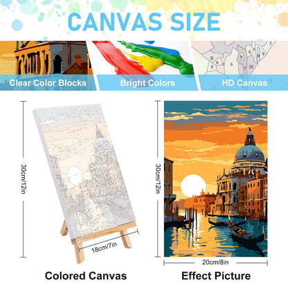 Offito 4 Pack Framed Paint by Numbers Kit for Adults Beginners with Wooden Easel, Landscape Easy Paint by Number Kit with Frame, Watercolor Adult Paint by Number Framed Canvas (8 * 12 Inch)