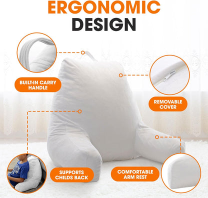 Cheer Collection Reading Pillow with Arms Portable Bed Pillow for Sitting Up & Support, Hollow Fiber-Filled Back Rest