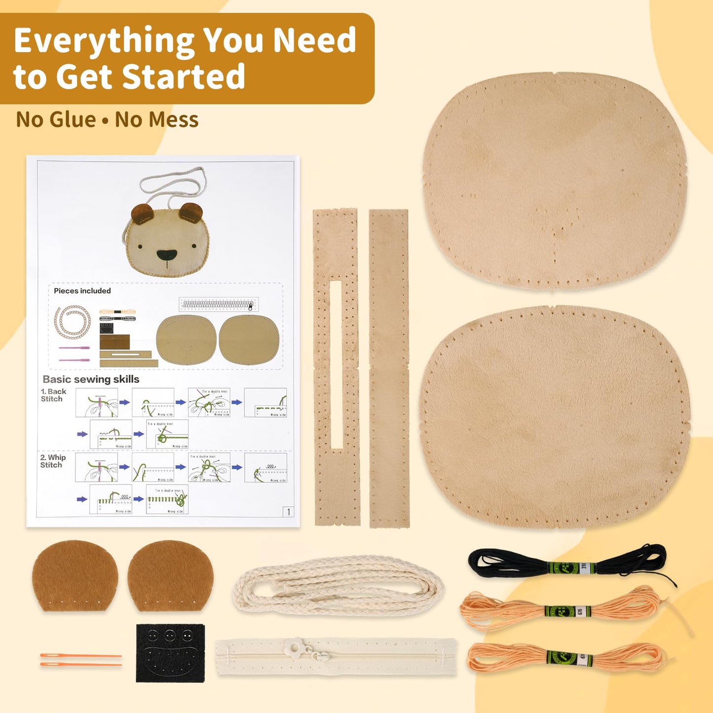 MIJIUWJ Little Bear DIY Sewing Kit for Beginners Kids Arts and Crafts, Plush Crossbody Bag with Zipper, Instructions Learn to Sew & Felt Embroidery, No Mess Starter Stitch Gifts for Girls Age 6-7 8-12