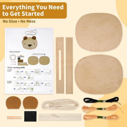 MIJIUWJ Little Bear DIY Sewing Kit for Beginners Kids Arts and Crafts, Plush Crossbody Bag with Zipper, Instructions Learn to Sew & Felt Embroidery, No Mess Starter Stitch Gifts for Girls Age 6-7 8-12