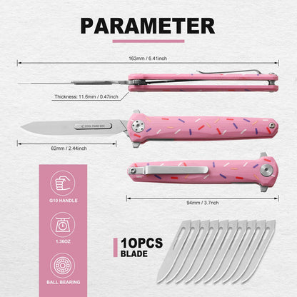 Mini Slim Folding Scalpel，Scalpel Pocket Knife with 10pcs #60 Replaceable Razor Blades,G10 Handle EDC Utility Knife with Liner Lock,Pocket Clip，Gift for Men Women（Donut）