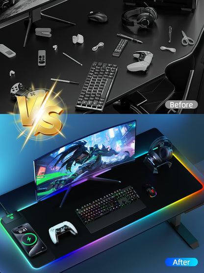 Mouse Pad with Wireless Charging, Large Desk Mat RGB Gaming Mousepad, 10 Light Colors LED Gaming Pad Keyboard Pad with Ultra-Smooth Surface & Non-Slip Rubber Base, Waterproof Full Desk Mouse Pad