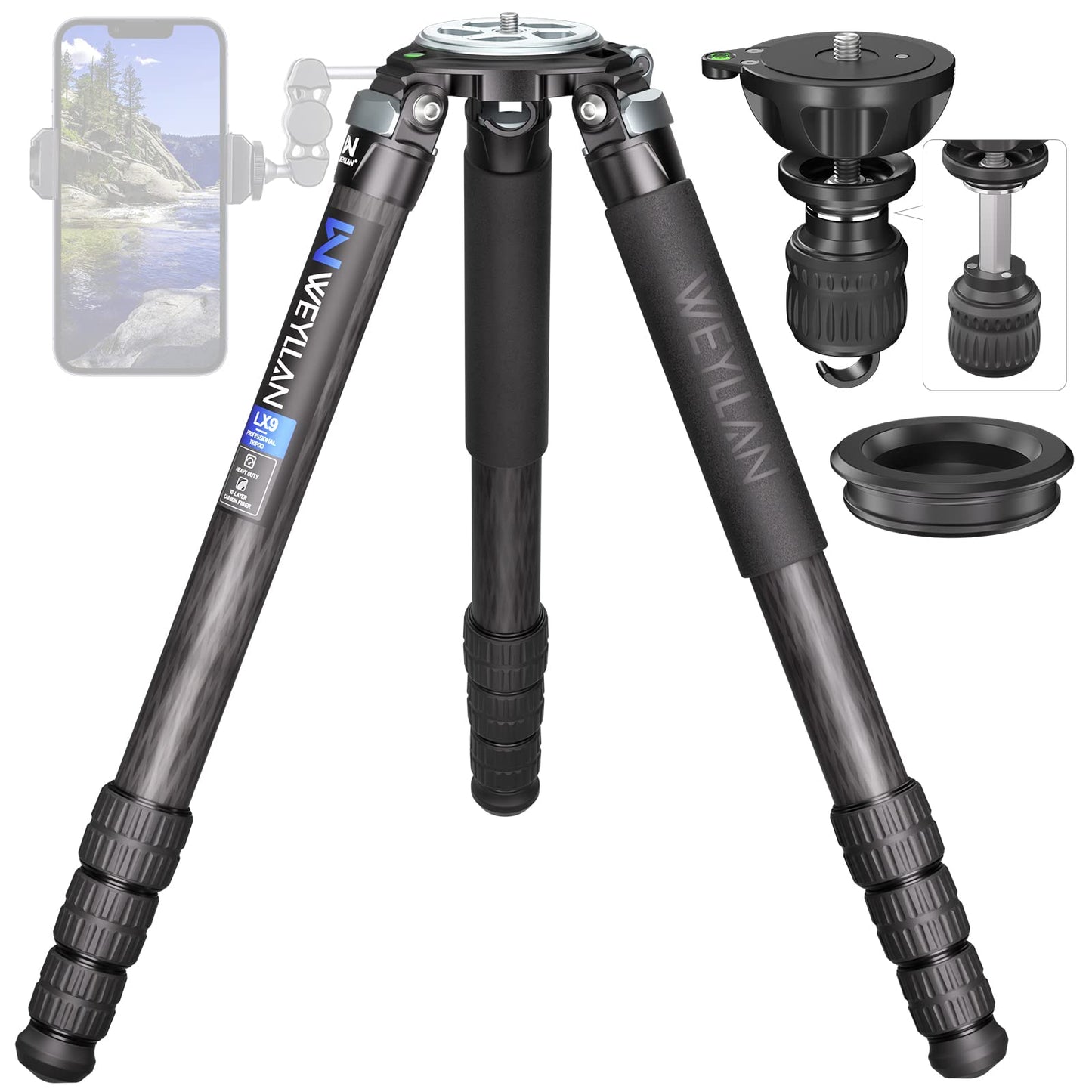 Carbon Fiber Tripod WEYLLAN LX9 Professional Heavy Duty Tripod for Camera, with 75mm Bowl and Adapter, 40mm Leg Tube, 10 Layers Carbon Fibre Bowl Tripods Camera Max Load 88lbs/40kg
