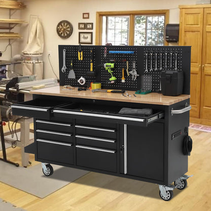 61 Inch Rolling Tool Chest, 10 Drawers Garage Workbench Storage Tool Cabinet with Rubber Wood Top, 1675 LBS, Power Strip, Locking System, Drawer Liners for Garage, Warehouse and Repair Shop, Black