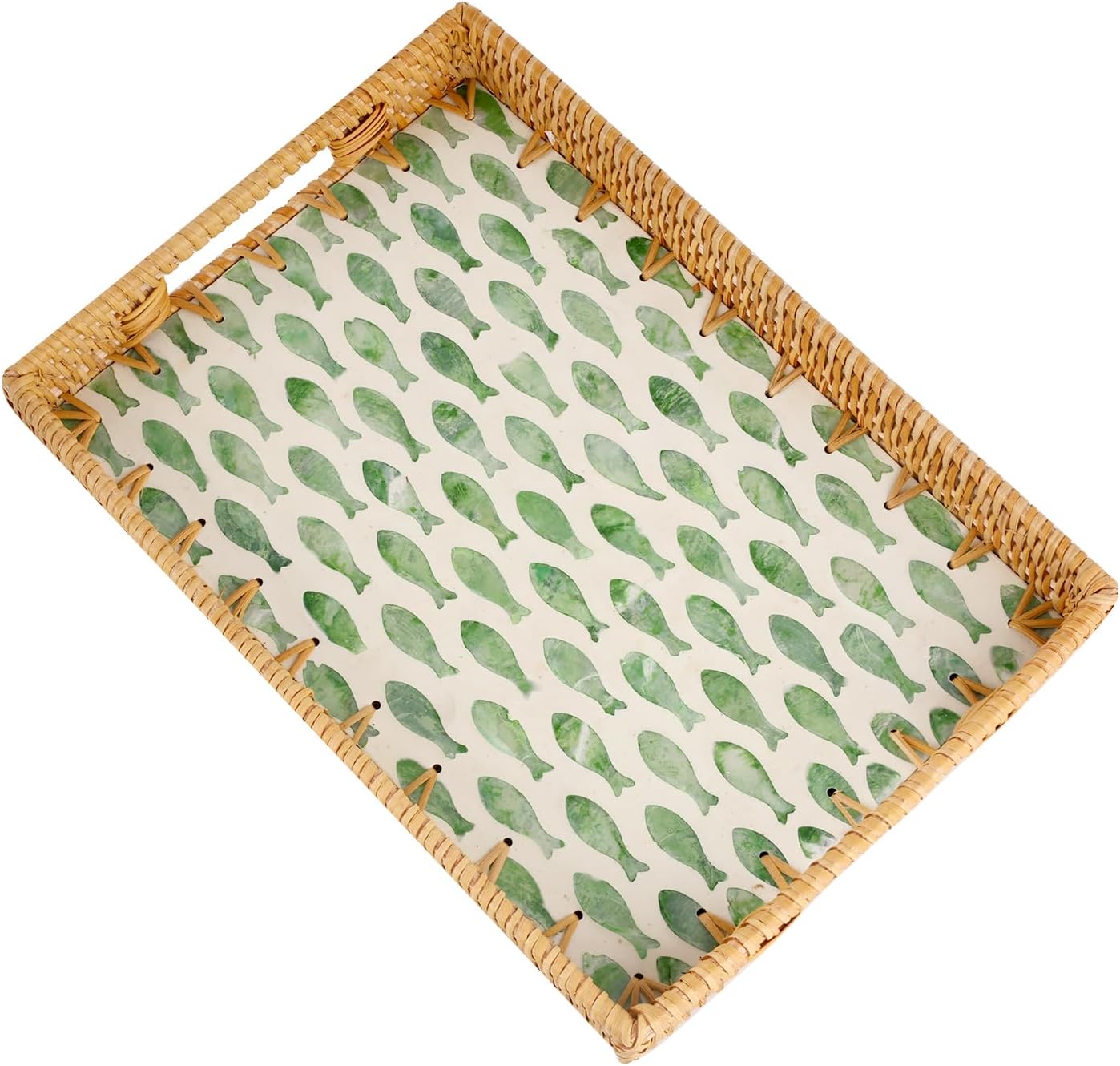 13"9") Rectangle Rattan Tray with Mother of Pearl Inlay, Rattan Serving Tray with Handle for Coffee, Bread, Fruits