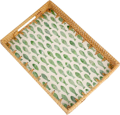 13"9") Rectangle Rattan Tray with Mother of Pearl Inlay, Rattan Serving Tray with Handle for Coffee, Bread, Fruits