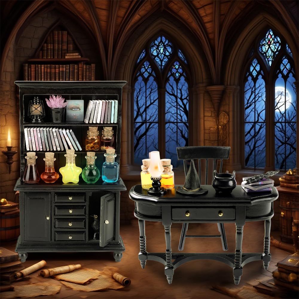 Celltestria 56 Pcs Halloween Miniatures Decorations 1:12 Scale Magic House Accessories Mini Wooden Bookshelf Furniture Set Tiny Sorcery Bottles Books Desk Chair Witch Hat Dollhouse Decor