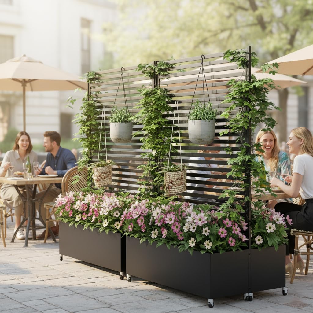 Sunnibety Double Metal Planter Box with Trellis Privacy Screen, Raised Garden Bed with Trellis & Wheels, Planter Box Outdoor with Drainage Holes for Climbing Plants, Vines,73"x 47"x 30", Black