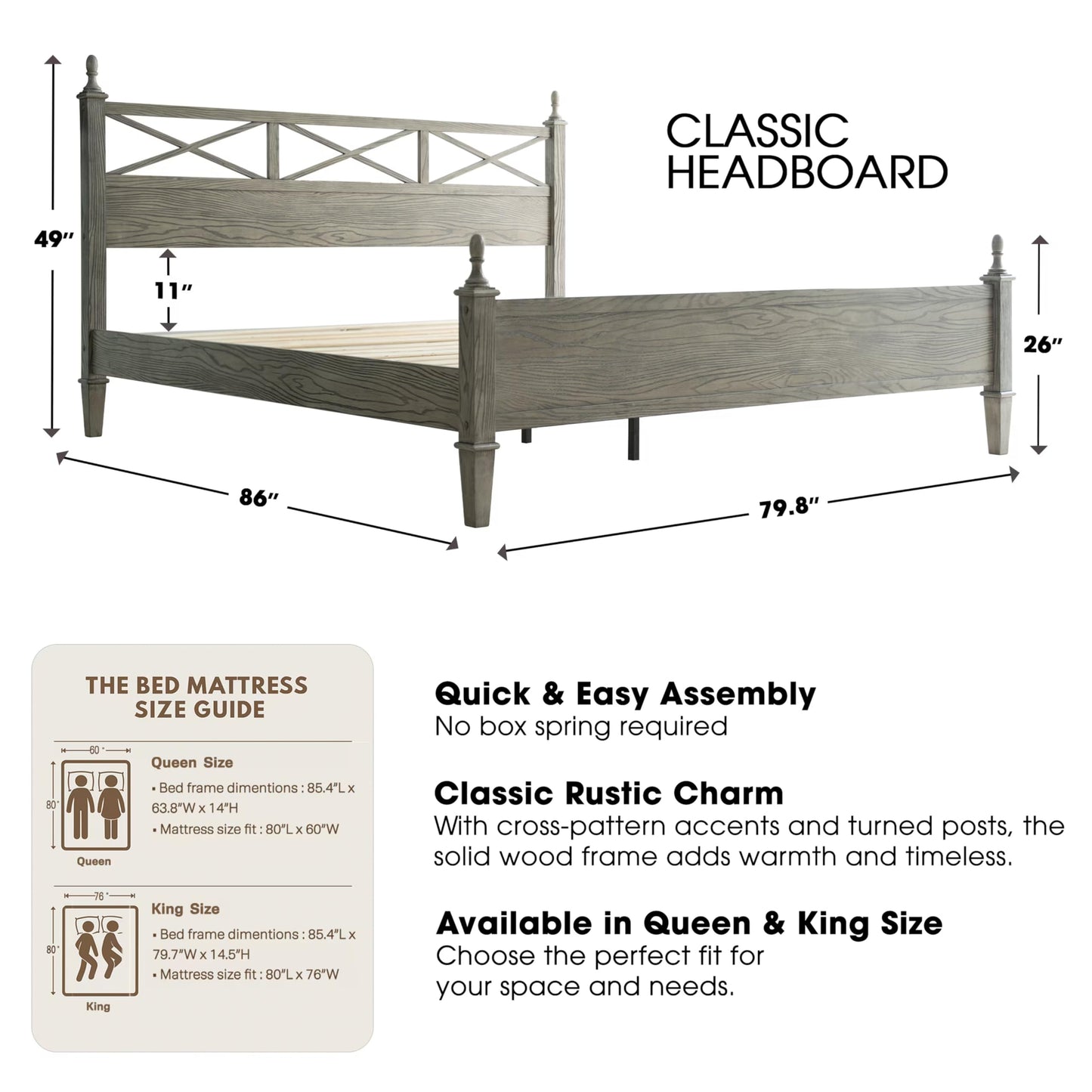 King Size Platform Bed Frame with Solid Wood Headboard & Footboard, 12 Heavy-Duty Slatted, Metal Legs, Anti-Slip & Noise-Free, Easy Assembly, No Box Spring Needed, Weathered Gray Oak Finish RIK-34