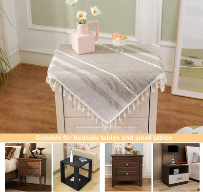 HPX HOME 2pcs 23 23 Inch, Linen Striped Small Tablecloth Square Cotton Tassel Bedside Table Cover Dust-Proof Washable
