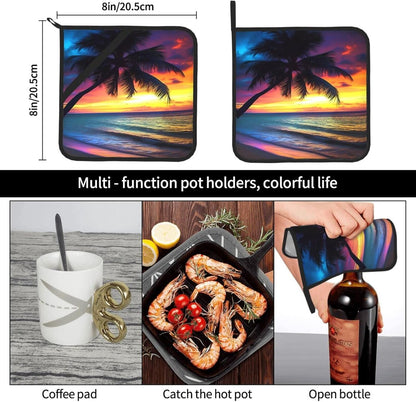 Potholders, Sunset Coconut Palm Tree on Beach, Blue Ocean Baking Pot Holder, 2-Piece Set