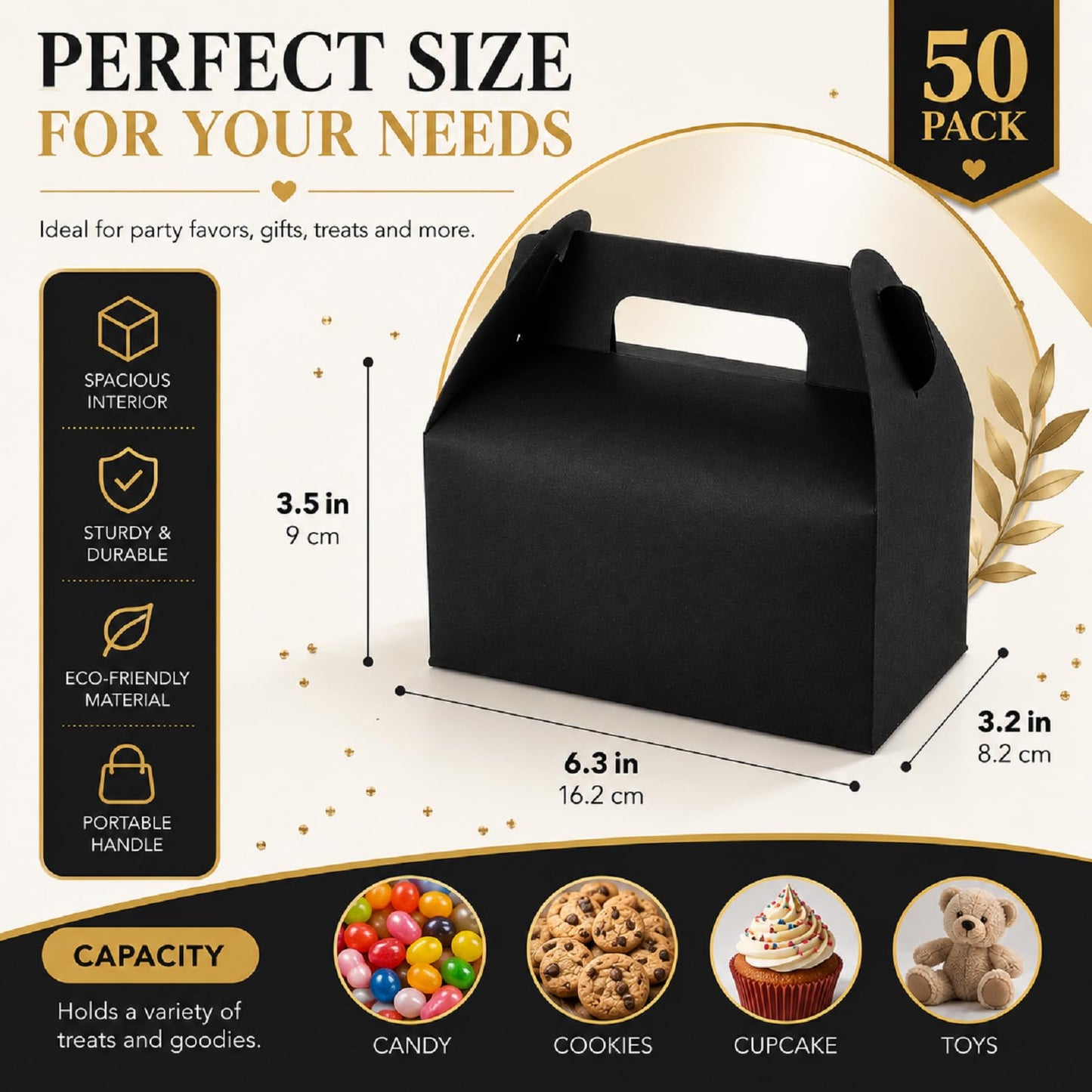 ABuff 50 Pack Black Gable Treat Boxes, Goodies Favor Gift Box for Kids, Party Favor Boxes for Snacks, Candy, Toys, Baby Showers Birthday Party Wedding, 6.3x3.5x3.2 Inches