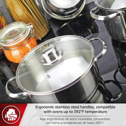 MAGEFESA Dux 7-Piece Stainless Steel Cookware Set, crafted from 18/10 stainless steel, suitable for all stovetop types, effortless clean, dishwasher safe
