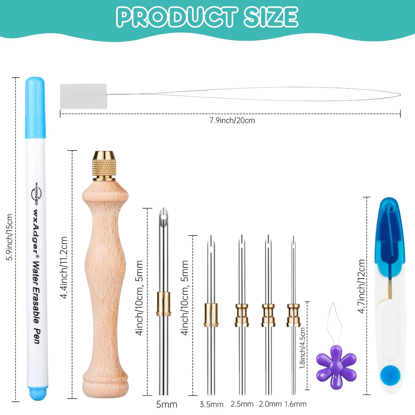 4Pack Punch Needle Kit 1.6mm-2mm-2.5mm-3.5mm-5mm Metal Tubes Adjustable Wooden Punch Needle Tool for Adult Beginner Embroidery Cross Stitching DIY Craft Decoration (Blue)