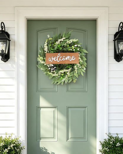 20in Wreath for Front Door,Spring Wreaths with Welcome,Greenery Summer Wreath for All Season,Farmhouse, Outdoor, Porch, Garden, Wedding Decor