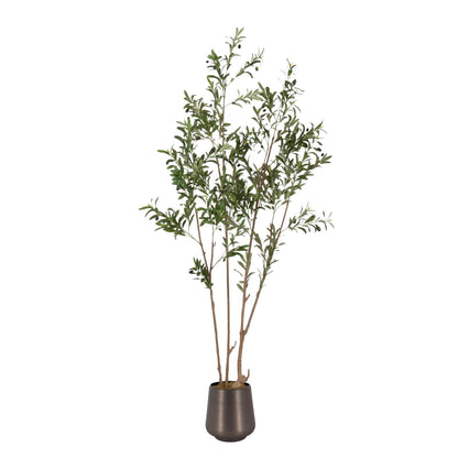 Kate and Laurel Oliveira Faux Olive Tree with Portell Metal Planter Pot, 7 FT, Gunmetal, Potted Artificial Olive Plant Tree with Realistic Foliage and Added Moss, Fake Plant Living Room Decor
