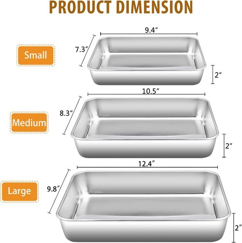 E-far Stainless Steel Baking Pans Set - 3 Rectangular Bakeware (12.5/10.5/9.4 Inch) | Non-Toxic & Dishwasher Safe