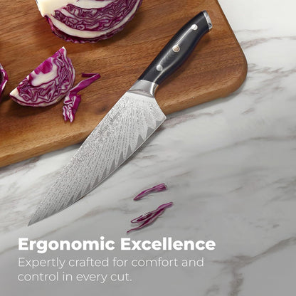 Master Maison 8" Damascus Steel Chef Knife: Full-Tang Black Handle with Japanese Mosaic Rivet, AUS-10 Ultra-Sharp Stainless Steel Japanese Chef Knife, Damascus Chef Knife, Wooden Storage Box & Extras
