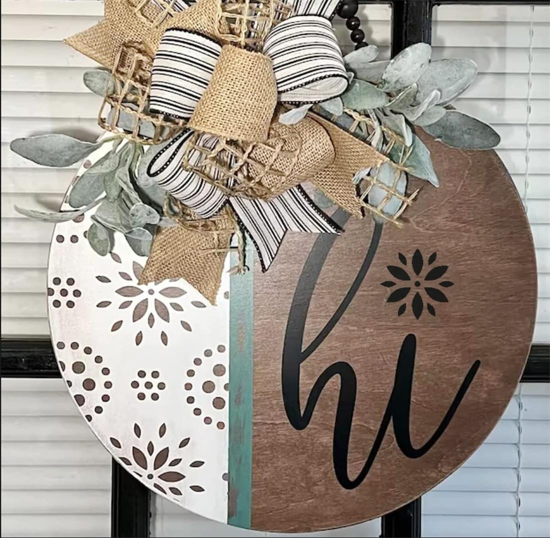Baychendoo 9Pcs Welcome Stencils Set, 12" Round Spring Flower Designs, Reusable Templates for Door Hangers, DIY Crafts Wood Signs Painting Stencils for Home Decor