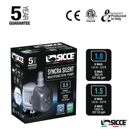 SICCE Syncra Silent 0.5 Multifunction 185 GPH Submersible Water Pump | Italian Made 8W Ultra Quiet Durable for Aquarium Fish Tank, Fountain, Pond, Hydroponics, Terrarium Black | Freshwater & Saltwater