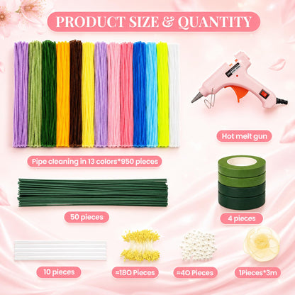 Vorplick Pipe Cleaner Flower Kit, 950 Pcs Pipe Cleaners Craft, Chenille Stems for DIY Flower Making Kit with Instructions, Floral Wires, Stamen& Ribbon for Adults and Kids