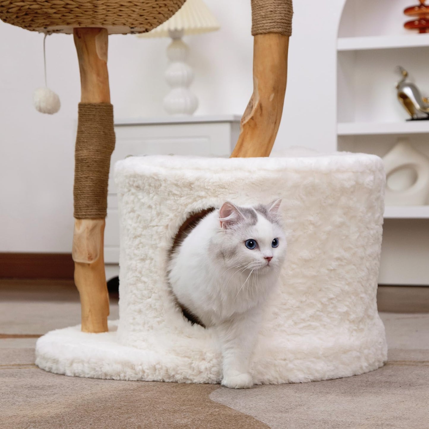 U-Moving 46" Natural Wood Cat Tree for Large Cats – Modern Feline Tower with Scratching Posts, Real Branch Design & Luxury Gift for Cat Lovers